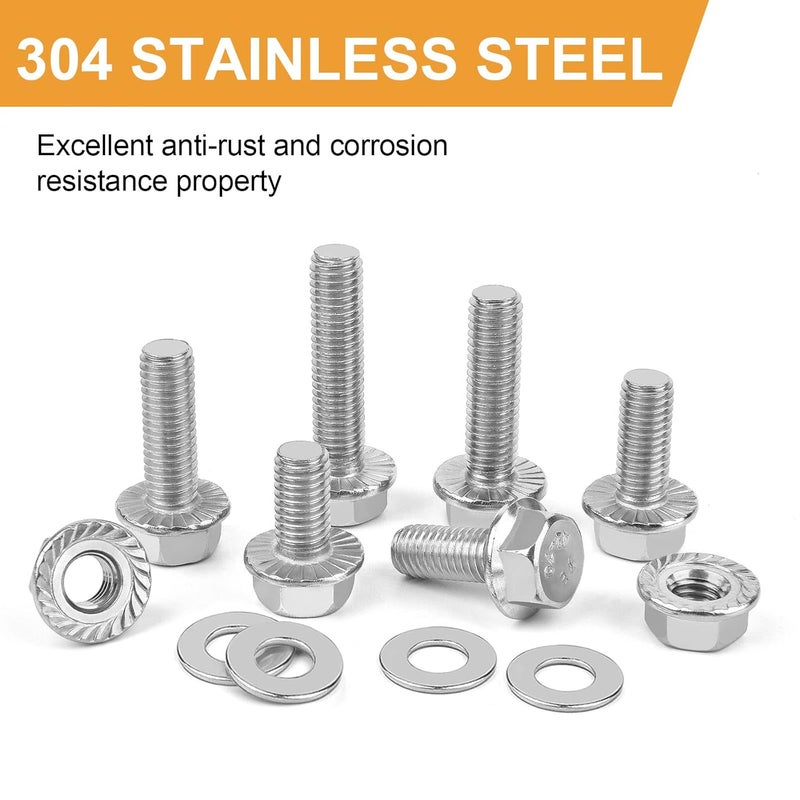 VIGRUE M6-1.0 x 12/16/20/25/30mm Flanged Hex Head Bolts, VIGURE 135PCS M6 Flange Hexagon Screws Serrated Flange Nuts Washers, Stainless Steel 18-8 (304), DIN 6921 - Image 4